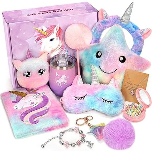 Unicorns Gifts for Girls 5 6 7 8 9 10+ Years Old, Kids Toys Set for Teens Girls Birthday Gifts Christmas, Unicorn Toys with Light Up Soft Plush Star Pillow, Diary Notebook, Headband, Water Bottle