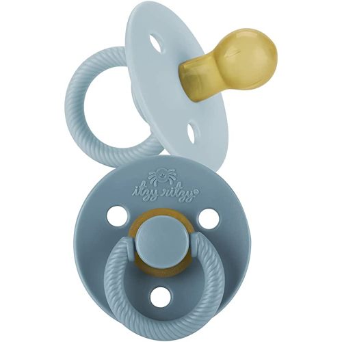 Itzy Ritzy Natural Rubber Newborn Pacifiers (Set of 2) – Baby Pacifiers with Cherry-Shaped Nipple & Large Air Holes for Added Safety; Set of 2 Binkies in Harbor & Coast (Ages 0 – 6 Months)
