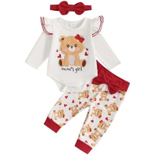 Newborn Infant Baby Girl Outfits Ruffle Bear Long Sleeve Romper Bodysuit Tops Pants Set Cute Fall Winter Clothes