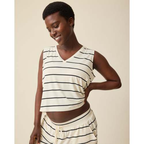 Aria Bamboo Cropped V-neck Tank | Navy & White Stripe - Kindred Bravely