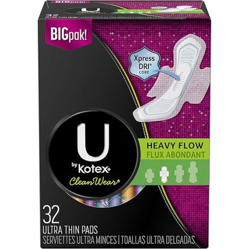 U by Kotex Cleanwear Ultra Thin Pads with Wings, Heavy Flow, 32 Count