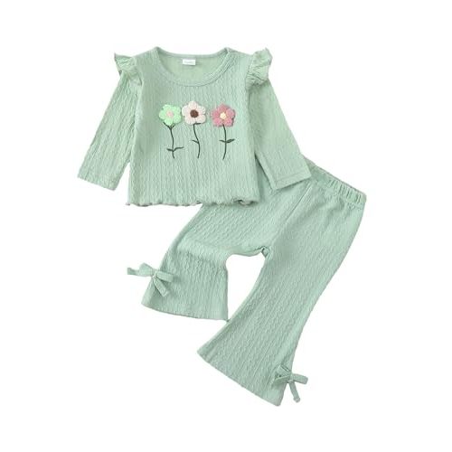 Kucnuzki Toddler Baby Girl Clothes Outfit Long Sleeve Ruffle T Shirt Top Bell Bottom Pants Two Piece Fall Winter Outfits