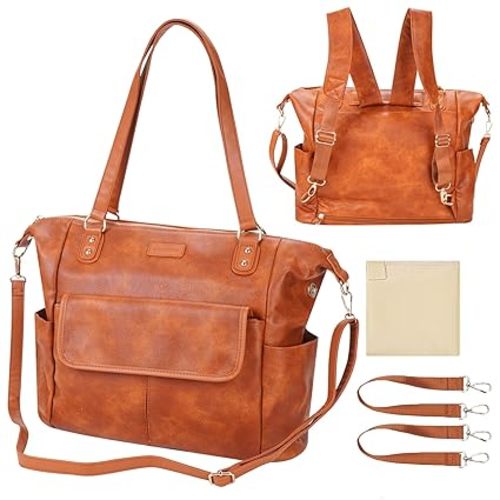 Diaper Bag Tote Fashion Leather Diaper Bag Backpack with 13 Pockets for Mom Dad, Large Travel Baby Bag Purse for Boys Girls with 3 Insulated Pockets, Changing Station - Brown