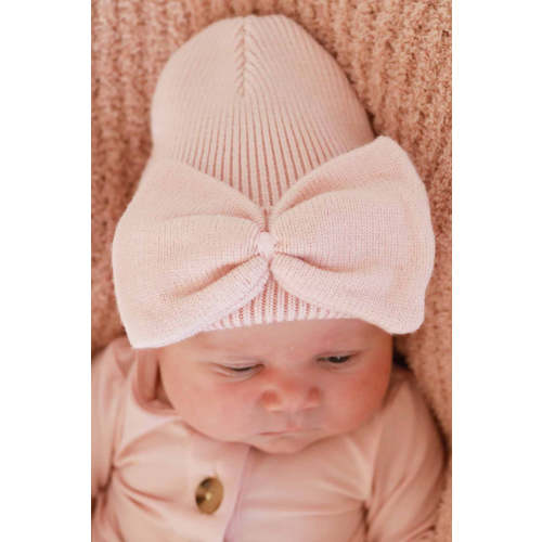 Knit Newborn Bow Beanie | Baby Pink