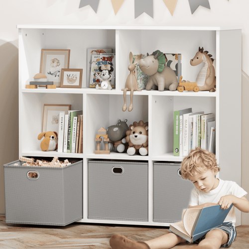 Kids Bookshelf, Caveen Kids Bookcase with 3 Movable Drawers, Wood Bookshelf Toy Storage Organizer for Kids Room, Gray