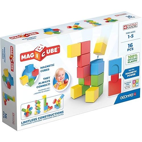 Geomag Magicube 16pcs Magnetic Blocks - Magnetic Building Blocks for Toddlers 1-3, Montessori Toys for 1+ Year Old, Autism Sensory Product, Magnets for Kids