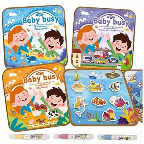 Double-Sided Magical Water Coloring Book for Kids, Reusable Quiet Water Reveal Activity Book with Water Pen, Creative DIY Water Drawing Painting Sticker Busy Books for 3 +Year Old Boys Girls Toddlers