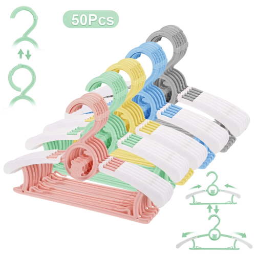 Allhall 50 Pack Baby Hangers, 11-14" Extendable Adjustable Non-Slip Kids Clothes Hangers, Spacing Saving Plastic Toddler Hanger, Ideal for Boys and Girls Closets, Pants, Coats