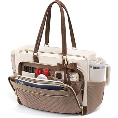 LOVEVOOK 17 Inch Laptop Tote Bag for Women, Diaper Bag for Travel, Teacher Work Bag with Large Cup Holder, Business Travel Ready Teacher Gift Tote for Nurse, Khaki-beige-Coffee