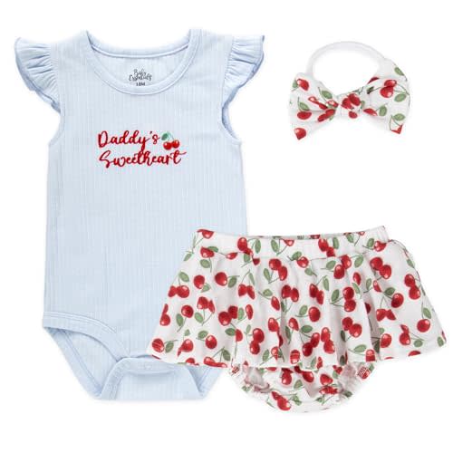 Baby Essentials Baby Girl Outfit Set,3 Piece Short Set with Ruffle Sleeve Bodysuit, Bloomers & Headband,Gift Collection