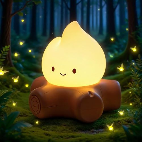 Chibi Campfire Night Light, Silicone, LED Flickering Flame Lights, Dimmable, Rechargeable Bedside Nightlight, Anime Kawaii Lamp Décor