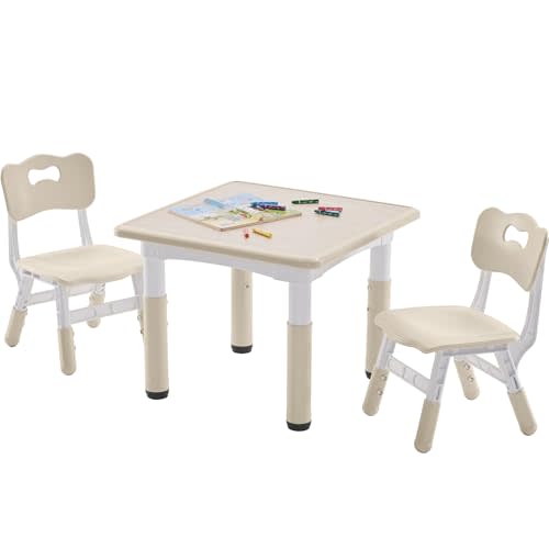 DOREROOM Adjustable Kids Table & 2 Chairs Set, 23.6" L x 23.6" W, Natural-W | Graffiti Desktop,Table Supports 300 lbs,Toddler Ages 2-8，FSC-certified, Children Activity Table for Daycare, Classroom, Home