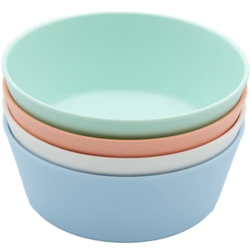 WeeSprout Bamboo Kids Bowls, Set of Four 10 oz Kid-Sized Bamboo Bowls, Dishwasher Safe Kid Bowls (Pastel Coral, Blue, Mint & Off White)