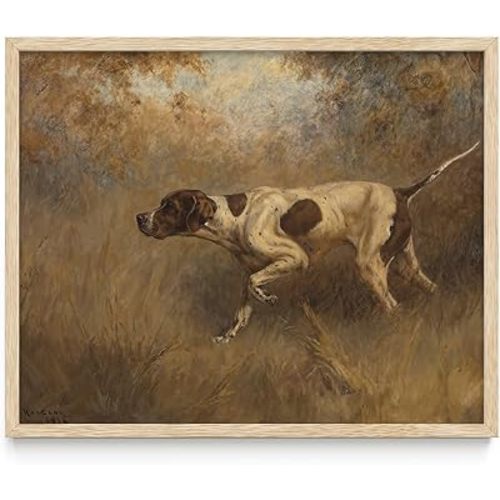 English Pointer Dog On Point 16x20 Framed Print – Realistic Oil Painting Print of a Pointer Dog in Hunting Stance – Sporting Dog Artwork for Dog Lovers and Hunters, Rustic Lodge & Farmhouse Décor
