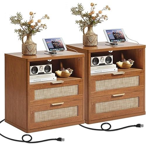LEYAOYAO Rattan Nightstands Set of 2 with Charger Station, 23" Wide Boho Night Stand with 2 Drawers, Natural Wood Bedside Table Open Shlef, Bed Side End Table Dresser for Bedroom, Living Room Hallway