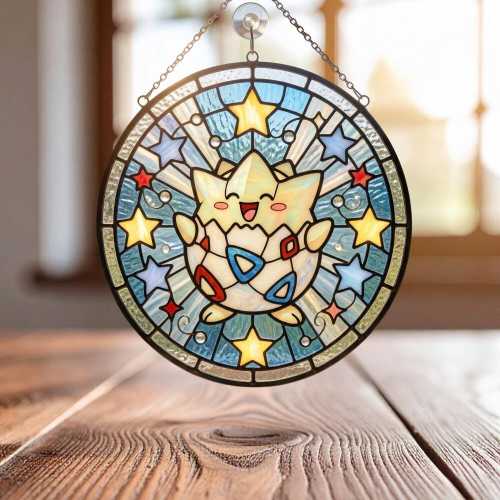 Togepi Lucky Egg Stained Glass Suncatcher, P0kemon Fan Art Window Decor, Kawaii Pocket Creature Hanging, Anime Monster Gift, Egg Star Art 02