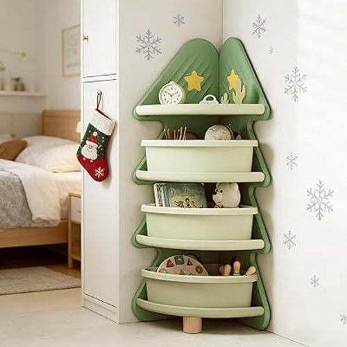 4-Tier Corner Bookshelf, Tree-Shaped Storage Organizer for Books & Toys, Space-Saving Freestanding Bookcase for Living Room, Bedroom, Office, Easy Assembly, Green