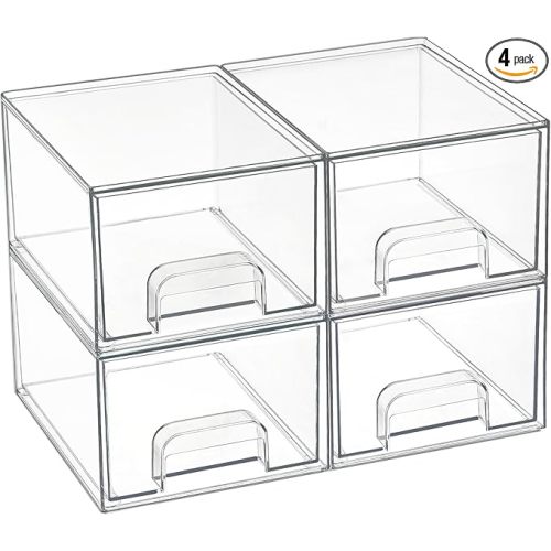 Vtopmart 4 Pack Small Clear Stackable Storage Drawers,Acrylic Bathroom Makeup Organizer,Plastic Storage Bins For Vanity, Undersink, Kitchen Cabinets, Pantry, Home Organization