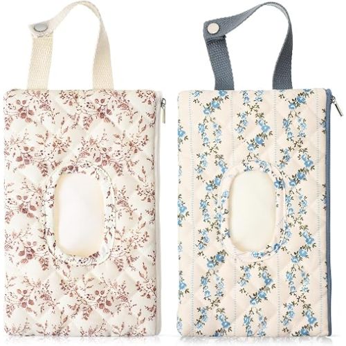2 Pcs Quilted Diaper and Wipes Pouch Portable Hanging Floral Wet Wipe Bag Diaper Bag Reusable Wipes Pouch for for Stroller Car Travel Infant Diapering Organizer (Blue and Beige)