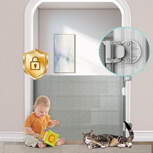 No-Drill Retractable Baby Gates for Stairs with Auto-Lock,33" Tall,Extends up to 55" Wide Mesh Baby Dog Pet Cat Gate with Double Lock for Doorways,Child Gate for Hallways Kitchen Indoor Outdoor Grey