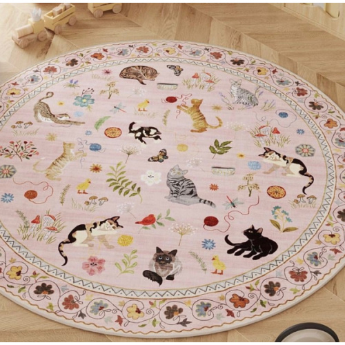 Washable 4ft Floral Cat Round Rug - Pink