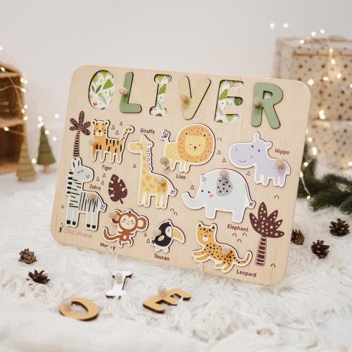 Montessori Puzzle Board, Personalized Baby Gift, Sensory Activity, Wooden Toys for Childrens, Jungle Theme Nursery, Birthday Gift for Kids