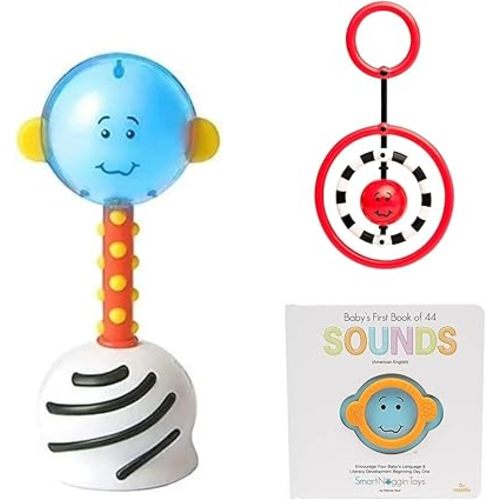 Developmental Milestones Set for Babies: NogginStik Developmental Light-Up Rattle, NogginRings Reaching and Grasping Rings, Baby’s First Book of 44 Sounds with Teether, Ages 0-12 Months