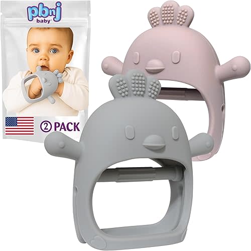 PBnJ Baby Teething Mittens for Babies 0-6 Months, 2 Pack Silicone Teething Mitten with 3 Textures & Crinkle Sound, BPA-Free Teether Glove for Teething Relief, Adjustable Baby Teething Toys 3-6 Months