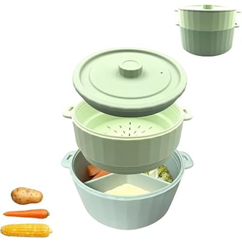 2-Tier Silicone Microwave Steamer, Divided Compartments with Lid, Stackable Food Container, Sage Green
