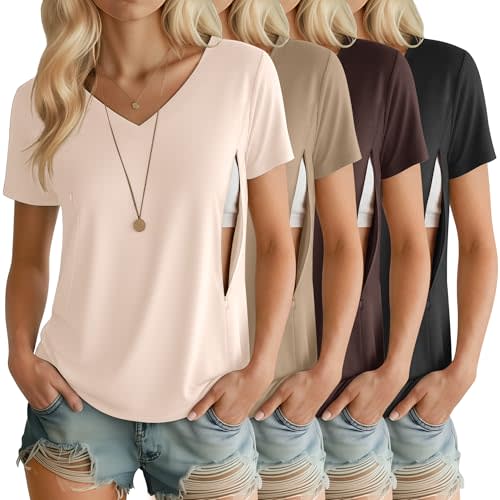 4 Pack Women's Nursing Shirts for Breastfeeding with Hidden Zipper V Neck Short Sleeve Loose Fit Maternity Tops