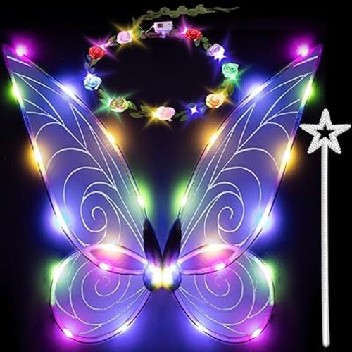 quescu 3pcs Light up Fairy Wings for Adults,LED Butterfly Wings for Girls,Angel Wings Halloween Costume Dress Up for Kids