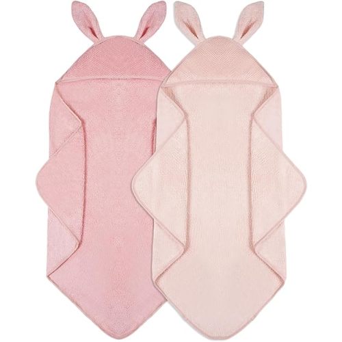 YUMKUKIM Baby Hooded Towel 2 Pack Bath Towels for Newborn with Animal Design Shower Essentials for Baby Girl Boy and Toddler (Blush Pink & Pink, Medium)