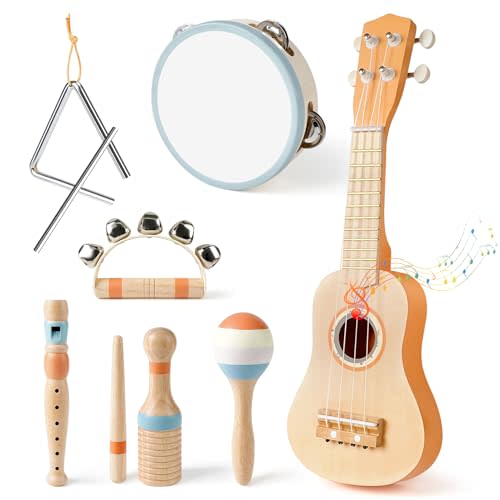 Kids Guitar Set - Toys for 2 3 Year Old Boy & Girls Birthday Gifts, 7 in 1 Montessori Musical Instruments for Toddlers 2-4, Musical Band Sets with Ukulele/Flute/Tambourine/Maracas Toys for Kids 3-5