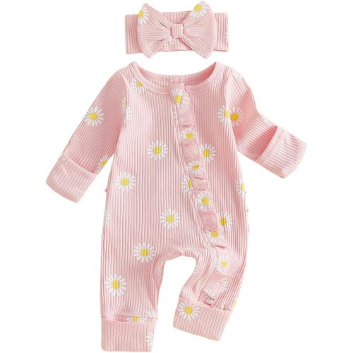 Newborn Baby Girl Fall Clothes Waffle Daisy Winter Jumpsuit Romper