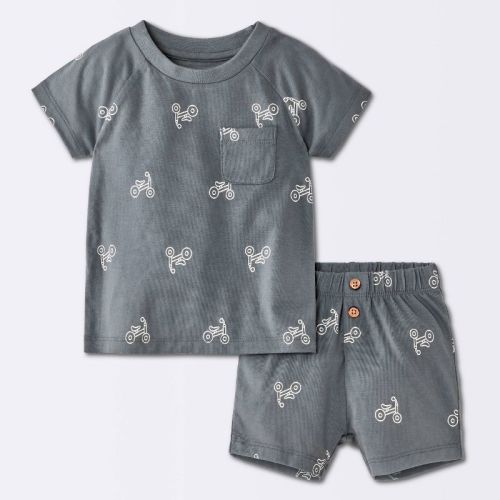 Baby Boys' 2pc Bike Graphic Raglan T-Shirt and Shorts Set - Cloud Island™ Charcoal Gray 18M