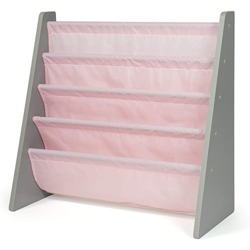 Humble Crew 4-Tier Kids Bookshelf, Grey Wood/Pink - Premium Book Shelf for Kids Rooms with Four Deep Pockets - Toddler Sling Book Rack with Deep Sleeves, Nursery Bookcase Organizer