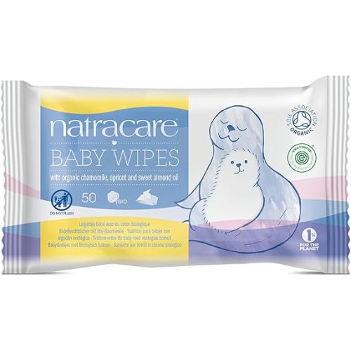 Natracare Organic Cotton Baby Wipes With Essential Oils of Chamomile, Apricot and Sweet Almond Oil (1 Pack, 50 Wipes Total)
