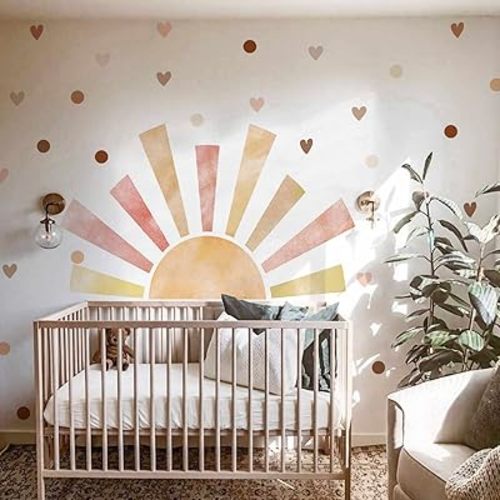 Large Fabric Watercolor Boho Half Sun Wall Decals Peel and Stick, Pastel Sunrise Wall Murals Stickers Hearts, Polka Dots Wall Art Decor for Kids Room Playroom Nursery Bedroom, 48.03" x 28.74"