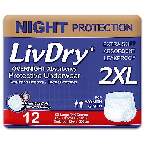 LivDry 2XL Overnight Adult Diapers for Women and Men, XXL Incontinence Underwear, 60”-80" Waist, Disposable Pull-On Briefs, XX-Large, 12 Pack