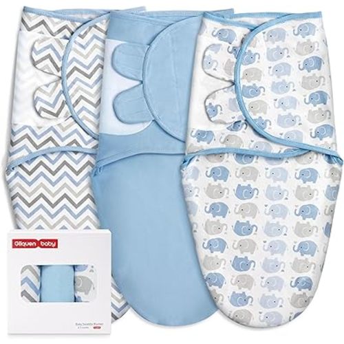 Swaddle Sleep Sack - 3 Pack Infant Swaddles for Newborn, Baby Swaddling Sack 0-3 Months, Ergonomic Newborn Swaddle Blanket for Baby Boy and Girl, Blue & Elephants