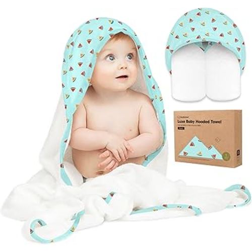 KeaBabies Hooded Baby Towel for Newborn - Viscose Derived from Bamboo Large Baby Bath Towels with Hood for Boys, Girls, Toddler, Extra Absorbent & Soft Newborn Bath Essentials (Melon Beat, Regular)