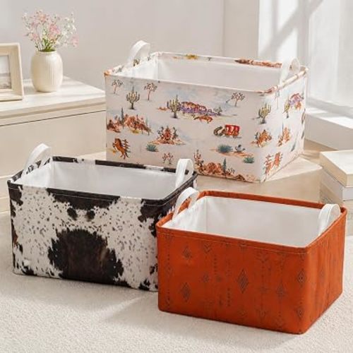 3 Pcs Western Bull Boho Rectangle Storage Basket Collapsible Highland Cow Storage Bin for Nursery Toys Books Waterproof Baskets for Closet Shelves Bedroom Decor(Cow)