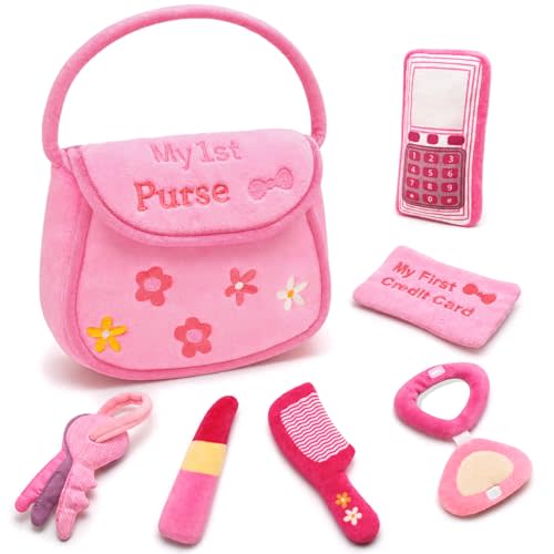 My First Pink Purse Plush, Baby Purse Set with 6 Pcs Makeup Plushies for Toddlers, First Birthday Gifts for Girls