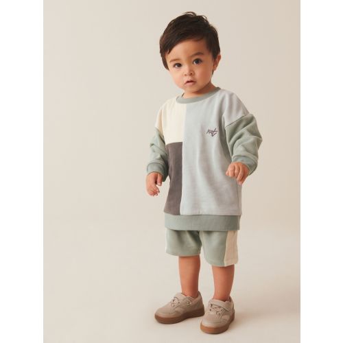 Mineral Blue/Mint Green Oversized Colourblock 100% Cotton Sweatshirt and Shorts Set (3mths-7yrs)