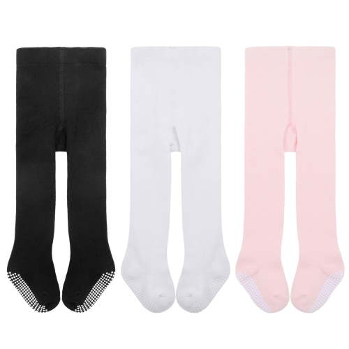 Zando 3 Pairs Non-Slip Plain Baby Stockings Soft Cotton Girls Pantyhose with Grips Seamless Baby Tights for Newborn Infant Toddler
