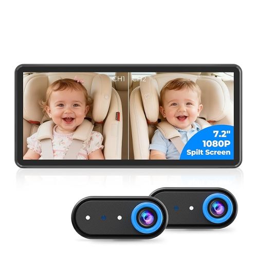 BM5PRO 7.2" 1080P HD Baby Car Camera for 2 Kids, Split Screen with IR Night Vision, Easy to Install & Adjust Brightness, Dual Car Camera Baby Monitor for Rear Seat Safety