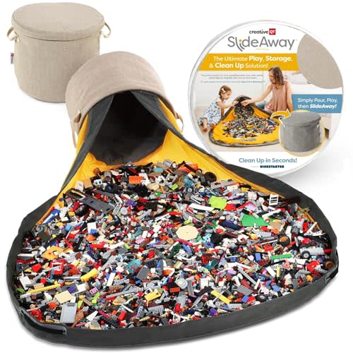 Creative QT SlideAway Toy Storage Organizer & Extra Large 52" Play Mat, Collapsible Storage Bins for Building Bricks, Small Blocks, Toys, Drawstring Cleanup for Kids Playroom & Classroom, Beige