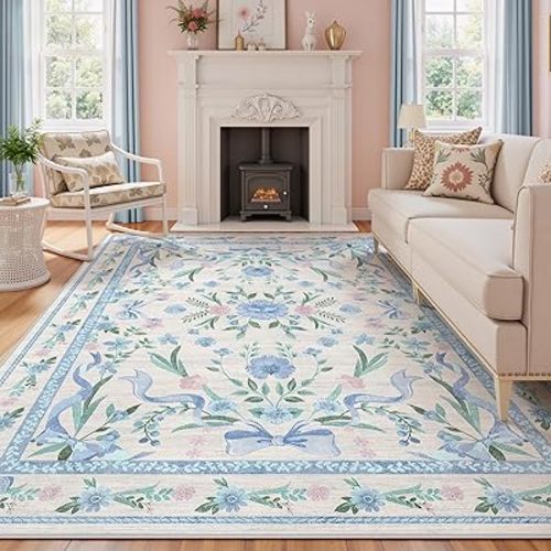 Blue Floral Rug 5x7 for Girls Bedroom or Nursery, Cute Bow Washable Area Rug, Ultra-Thin Non Slip Carpet for Kids Room, Dorm or Playroo