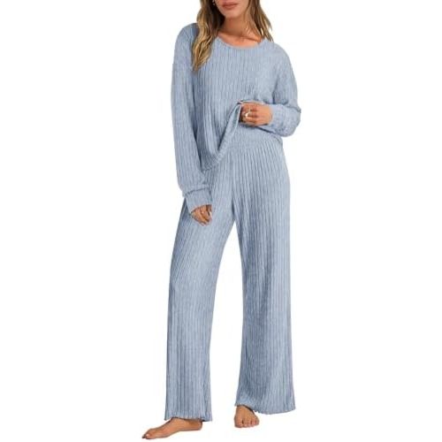 ANRABESS Women 2 Piece Lounge Pajamas Sets Casual Ribbed Knit Long Sleeve Top Pants Matching Set 2025 Fall Outfits Clothes
