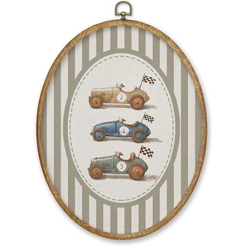 CGBHW Vintage Race Car Boy Nursery Oval Wall Art Decor Products, Kids Canvas Prints Framed, Neutral Striped Car Vehicle Wall Art Hanging Decor for Home Kids Boy Nursery Room Bedroom Playroom, 8.6x11.4 Inch